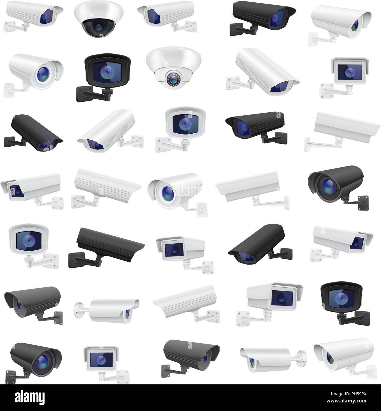 CCTV security camera. Large collection of black and white surveillance devices Stock Vector
