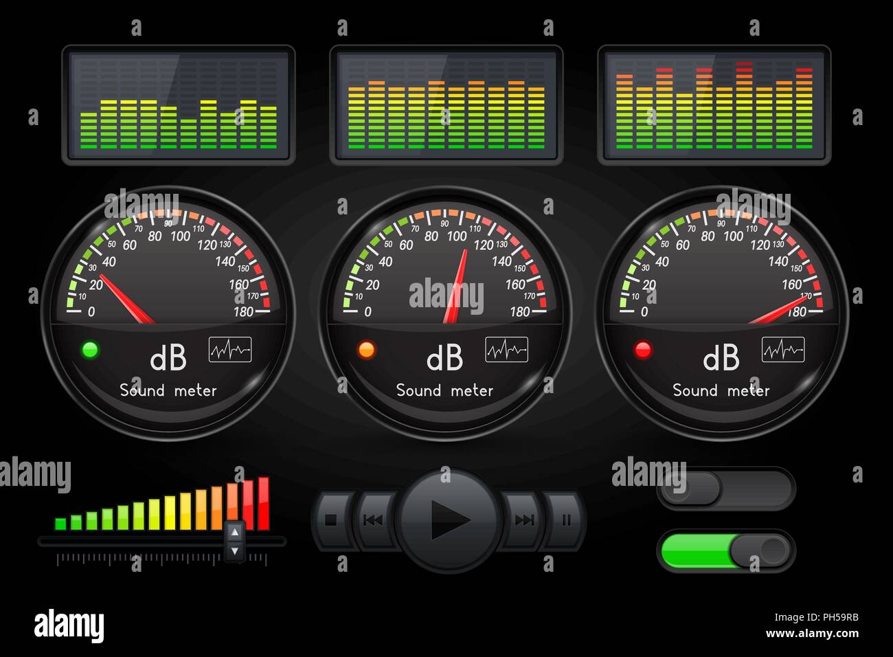 Decibel sound meter with equalizer and buttons. Black user interface