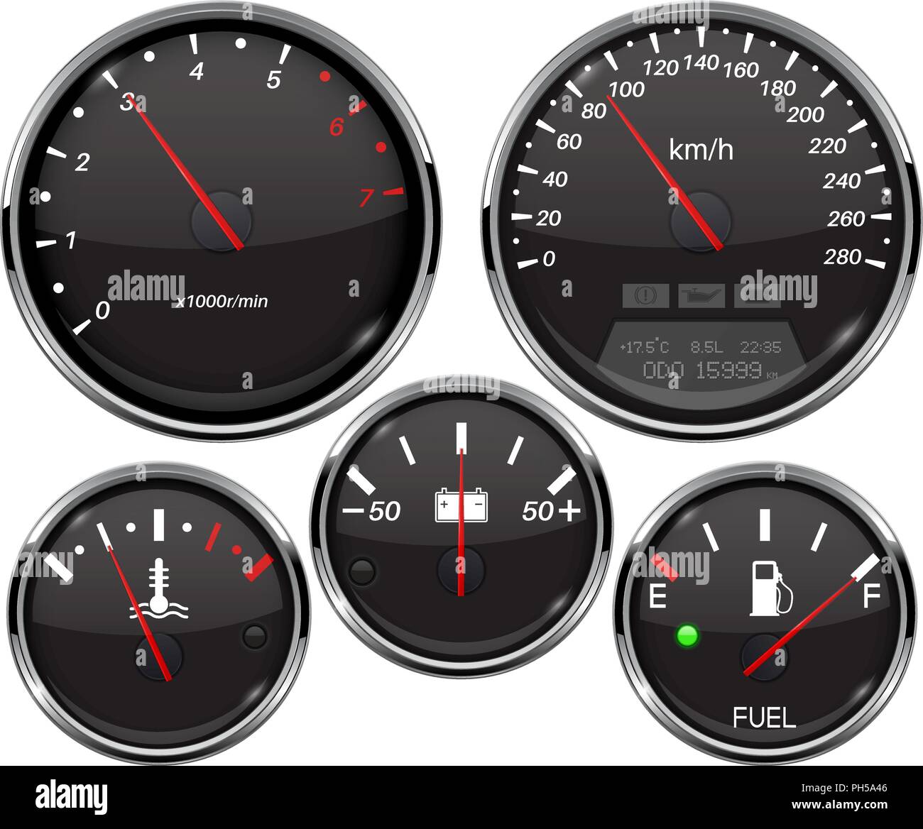 Car dashboard 3d gauges. Speedometer, tachometer, fuel gauge, temperature and accumulator charge