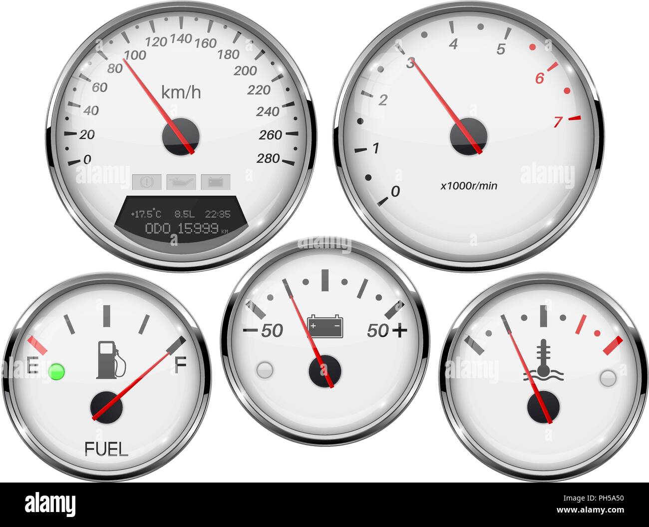 Car dashboard 3d gauges. Speedometer, tachometer, fuel gauge, temperature and accumulator charge