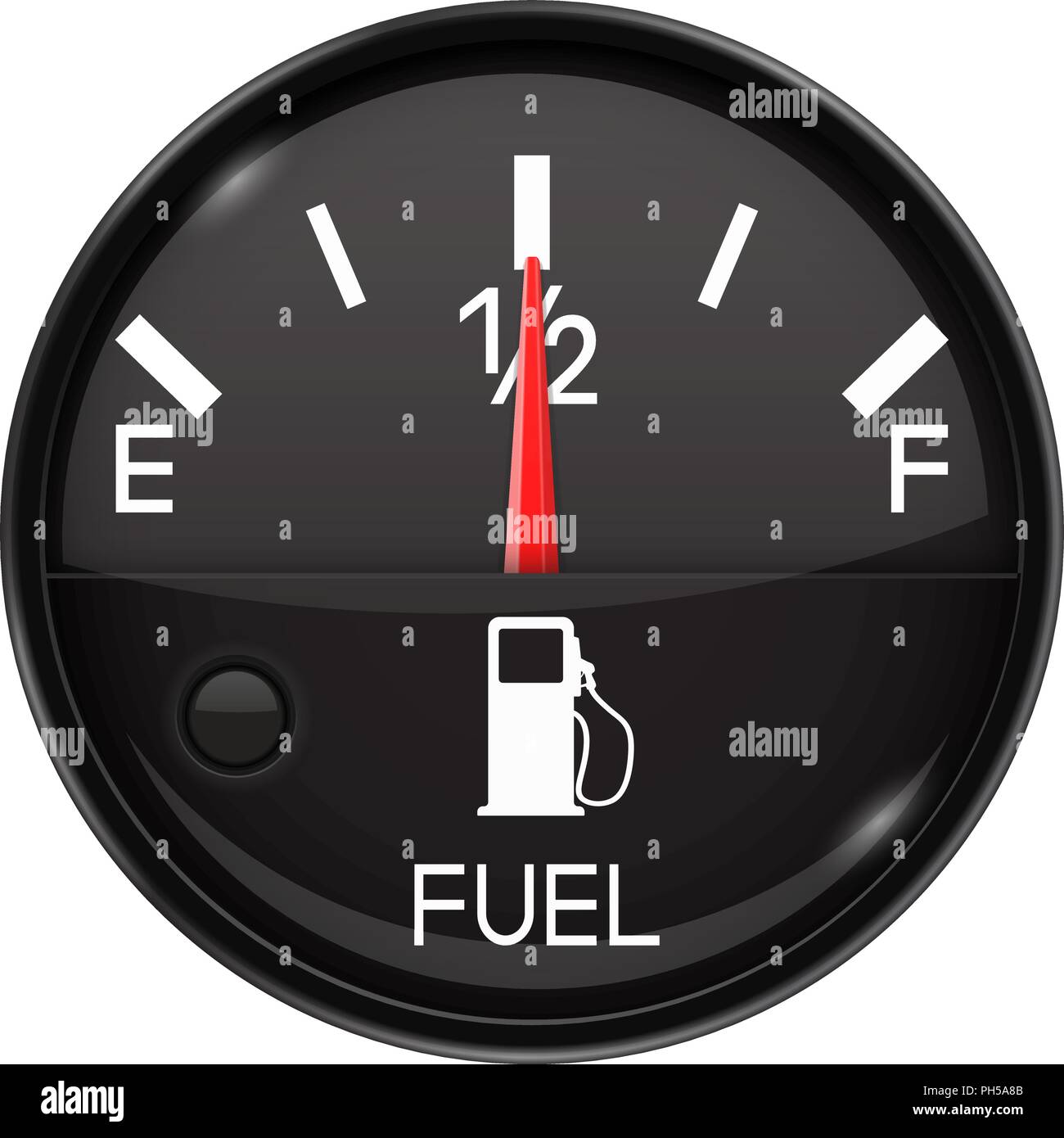 Fuel gauge. Half full tank. Round black car dashboard 3d device Stock
