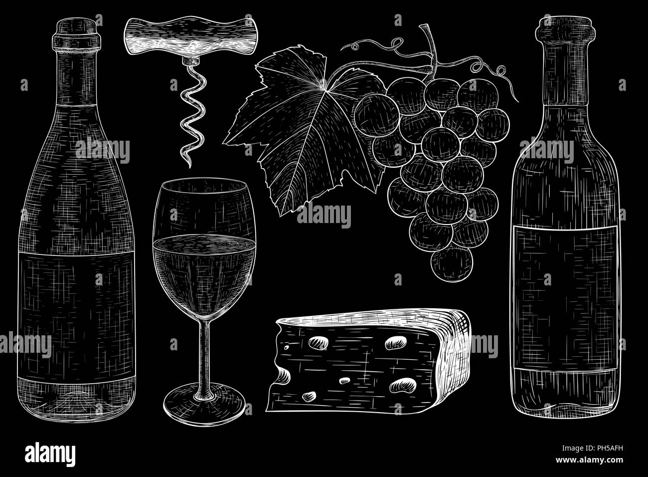 Wine set. Botlle of wine, glass, grapes, cheese, corkscrew. Hand drawn sketch. Vintage style. Stock Vector