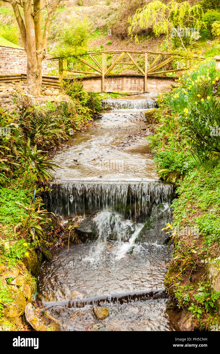 A stream with multiple levels and weirs in Brecon Beacons National Park, Powys, Wales Stock Photo