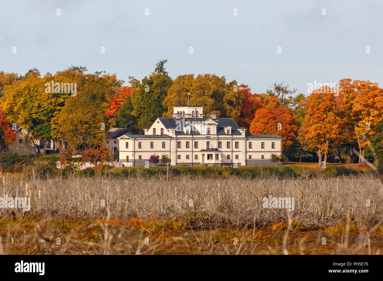 Manor house in a forest with trees in autumn colors Stock Photo Alamy