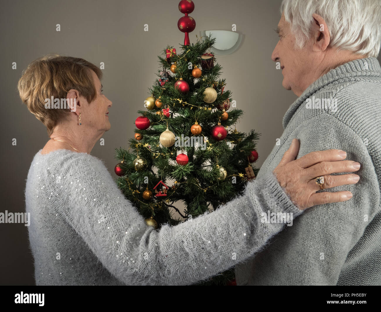 Horizontal portrait of an elderly couple watching a Christmas tree at home Stock Photo