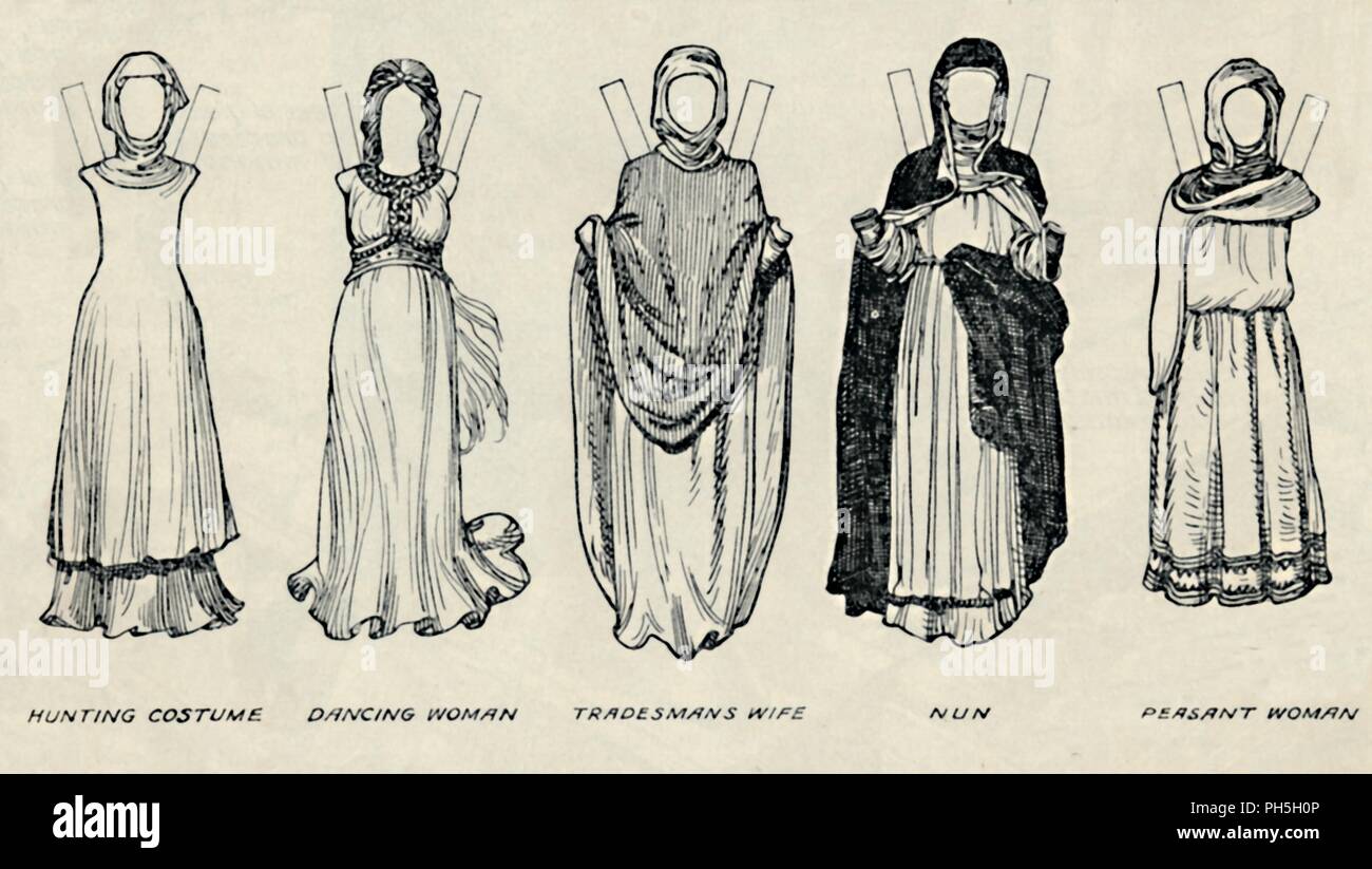 'The Gallery of British Costume: Types of Dress in Early Plantagenet Times', c1934. Artist: Unknown. Stock Photo