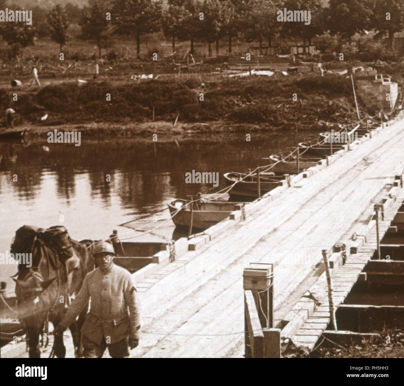 Pontoon bridge over the River Aisne at Venizel, Aisne, France, c1914-c1918. Artist: Unknown. Stock Photo