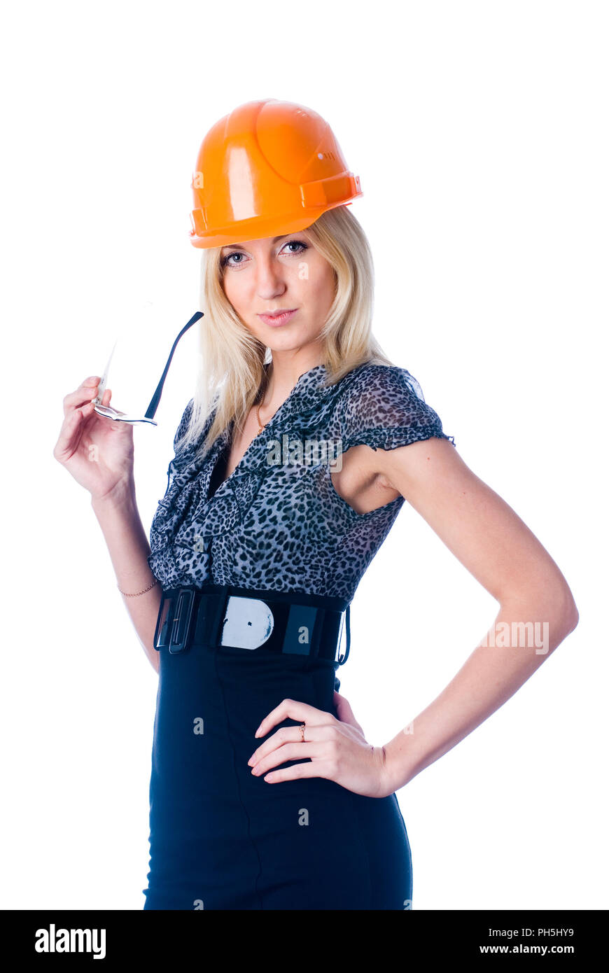 engineer woman in orange helmet Stock Photo - Alamy