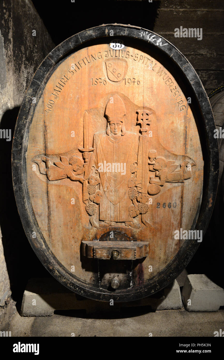 old wine barrels in a wine cellar in Würzburg, Bavaria, Germany Stock Photo