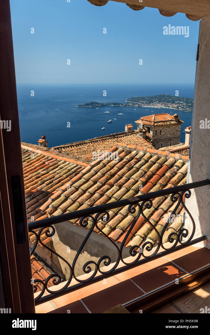 View from Restaurant 'Le Nid d'Aigle' (Eagle's Nest) in the village of Eze on the Cote d'Azure in Southern France Stock Photo