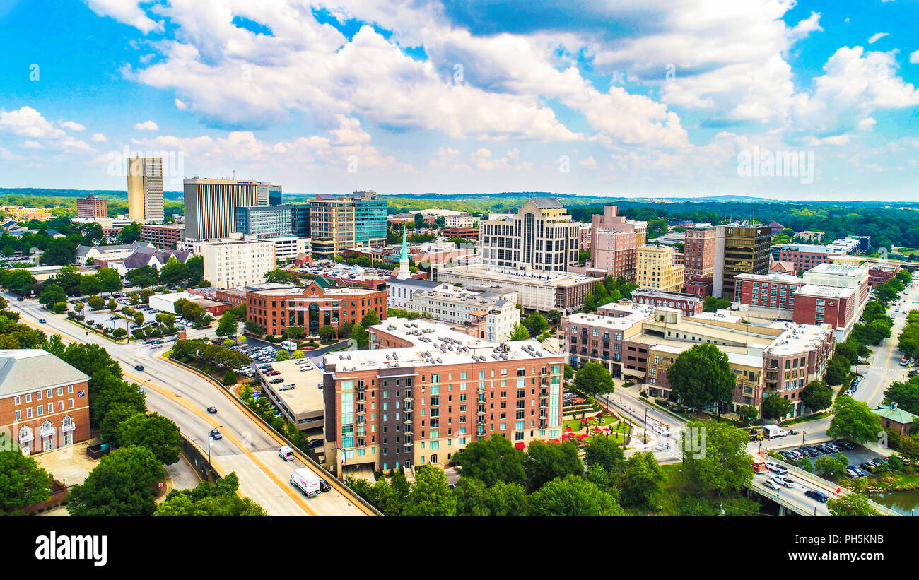 Drone Aerial of the Downtown Greenville, South Carolina SC Skyline Stock Photo