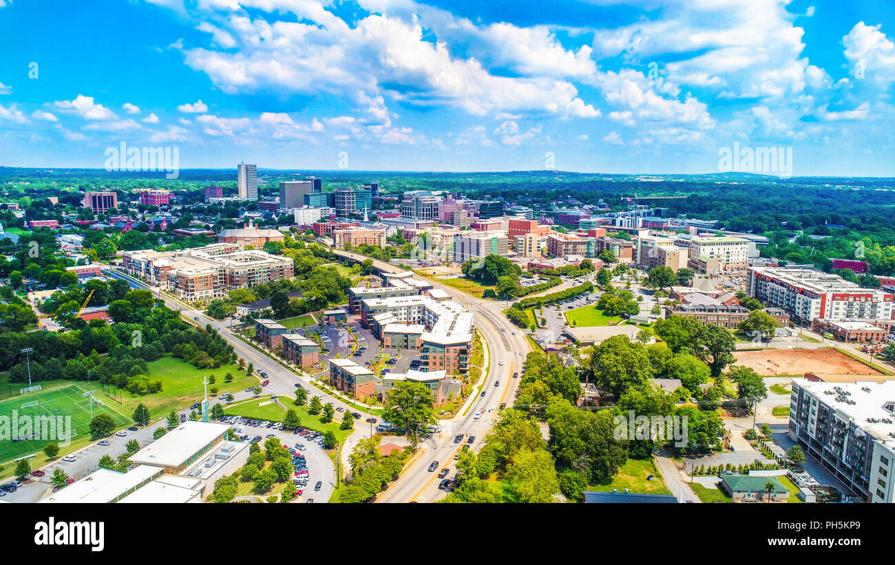 Drone Aerial of the Downtown Greenville, South Carolina SC Skyline Stock Photo