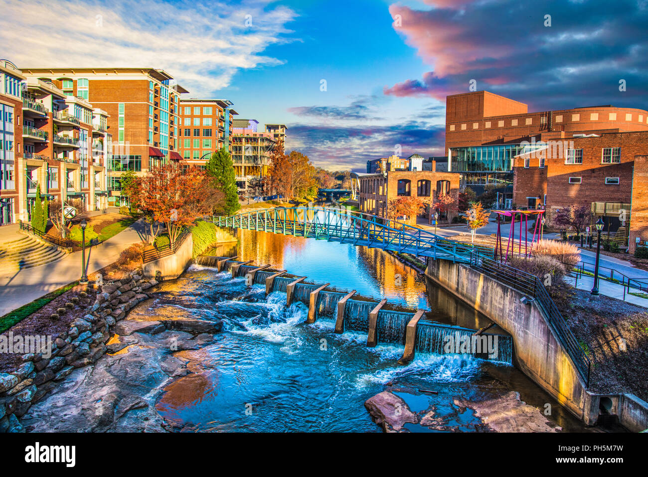 Reedy River and Skyline in Downtown Greenville South Carolina SC. Stock Photo