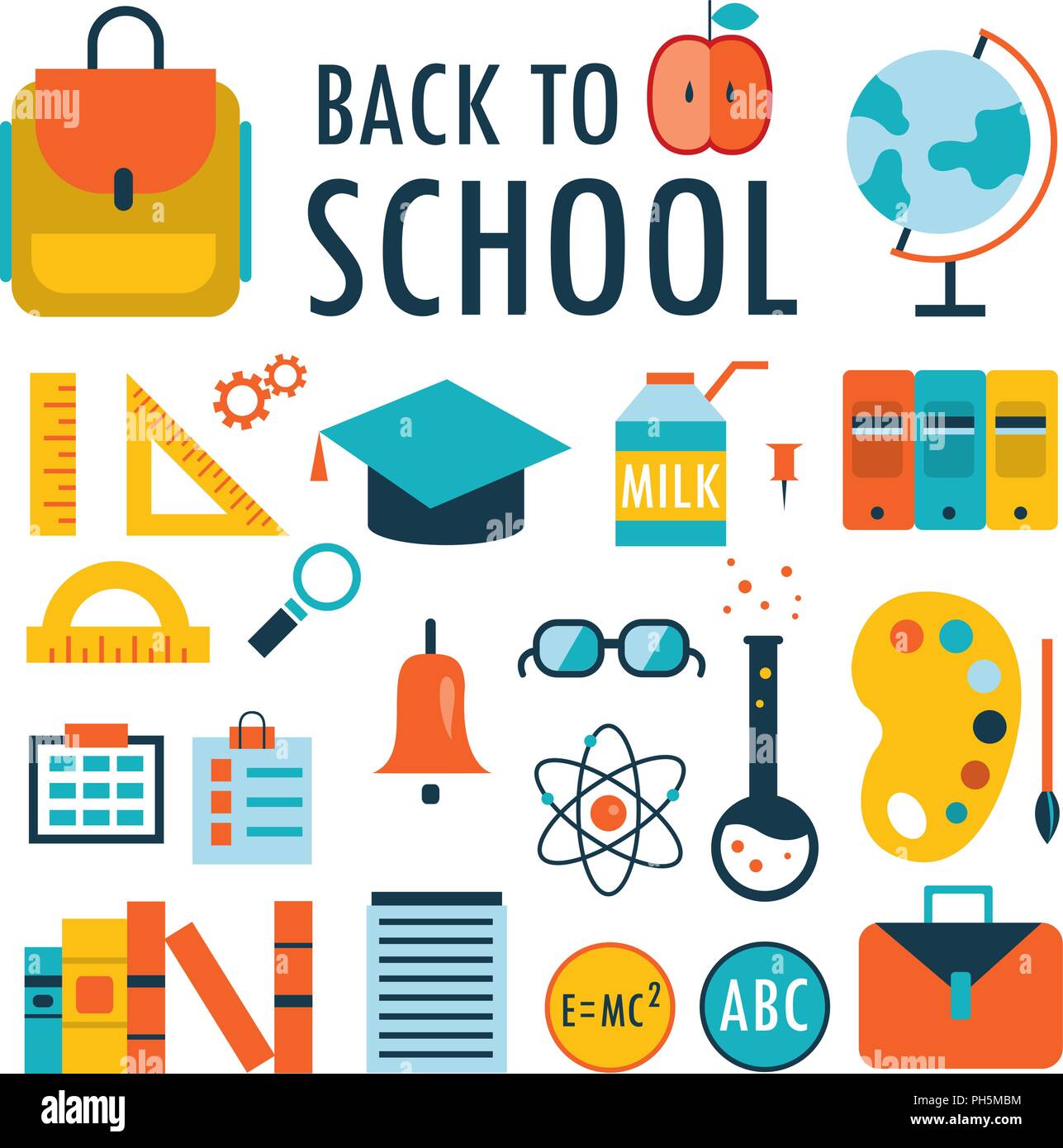 Back to school Flat design icons set isolated on white Part 1 Stock Vector