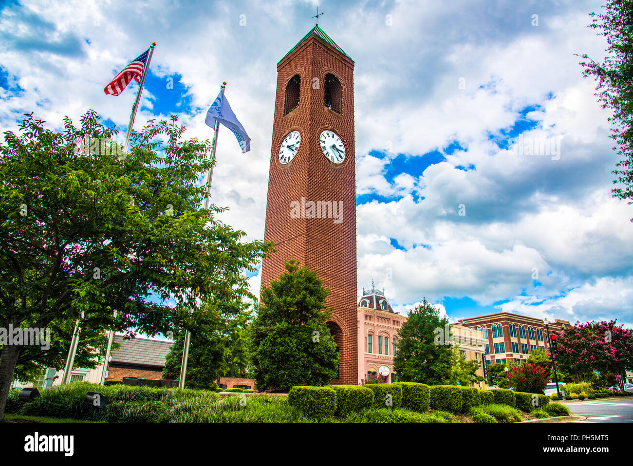 Clock Tower in Downtown Spartanburg South Carolina SC. Stock Photo