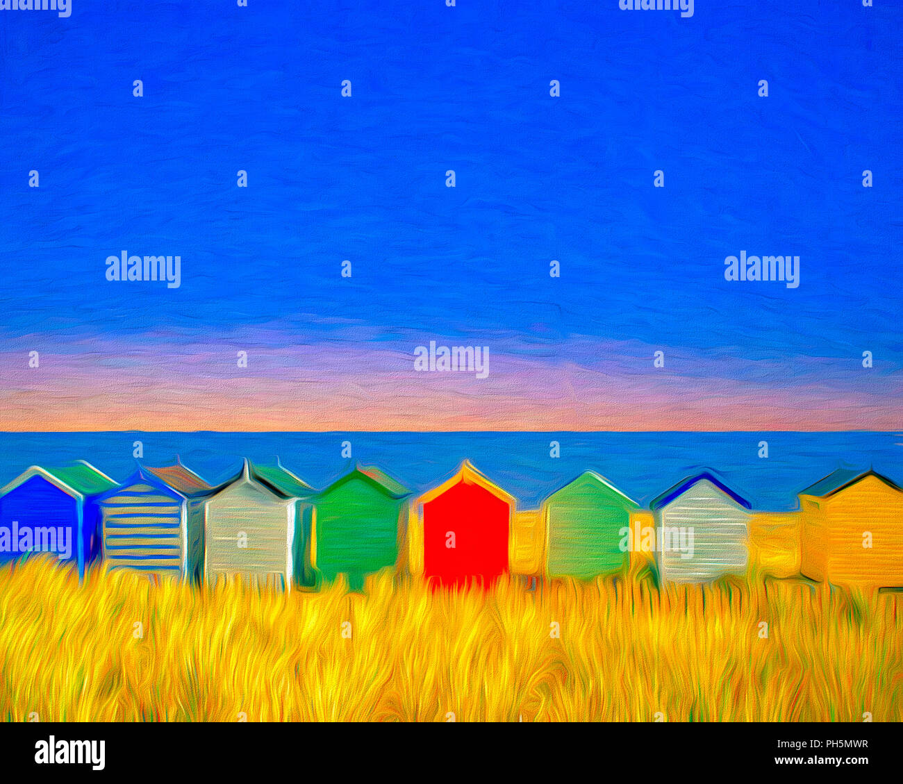 DIGITAL ART Beach Huts at Southwold, Suffolk, Great Britain Stock