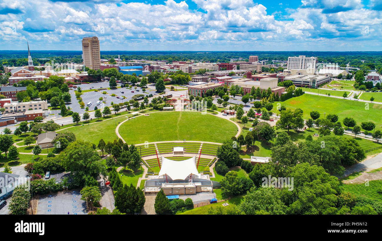 Drone Aerial of Downtown Spartanburg South Carolina Skyline Stock Photo