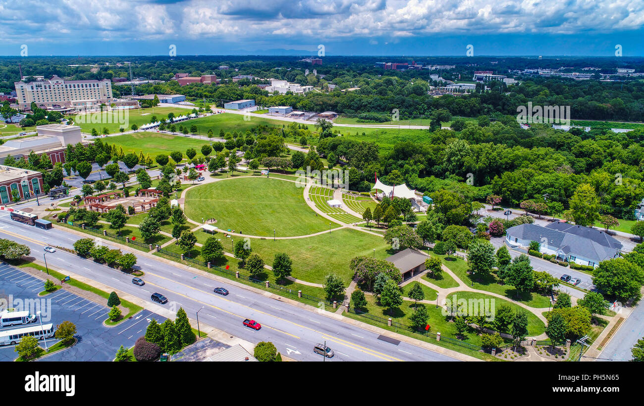 Drone Aerial of Park and Amphitheater in Downtown Spartanburg