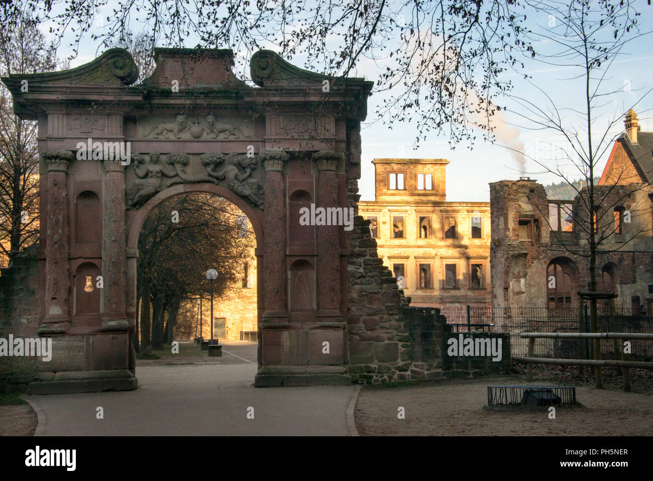 Heidelberg Castle arched gate among the ruins of this landmark Renaissance structure north of the Alps in Germany. Stock Photo