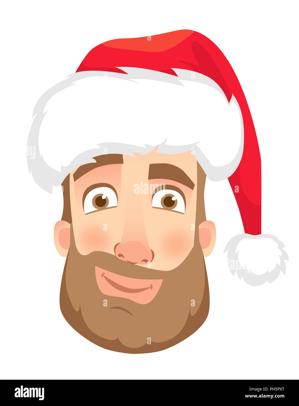 Head of a man in a Santa Claus hat. Man face expression. Human emotions. Set of cartoon illustrations. Smirk Stock Photo