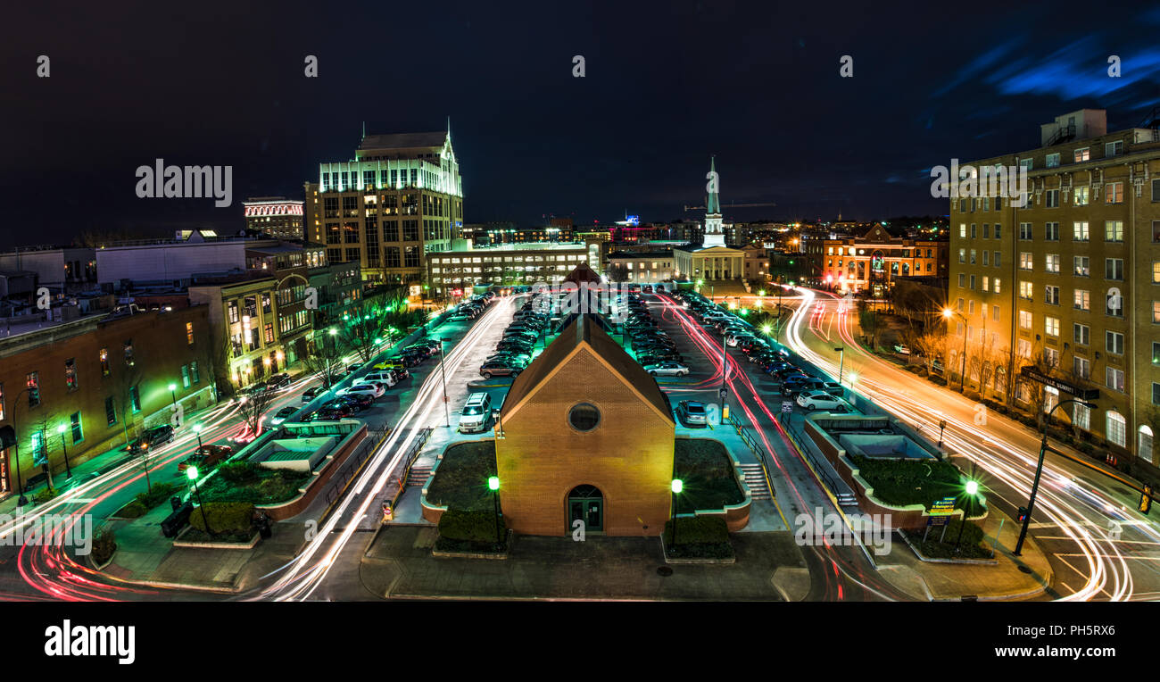 Long Exposure of the Downtown Greenville, South Carolina, USA Skyline at Night. Stock Photo