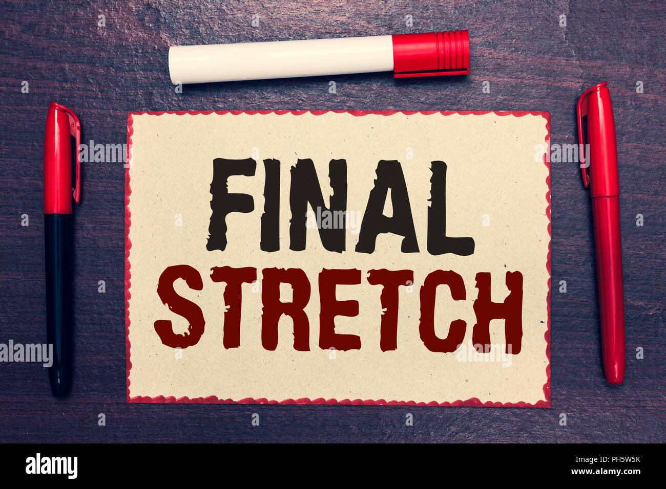 Writing note showing Final Stretch. Business photo showcasing Last Leg  Concluding Round Ultimate Stage Finale Year ender Open notebook page markers  co Stock Photo - Alamy