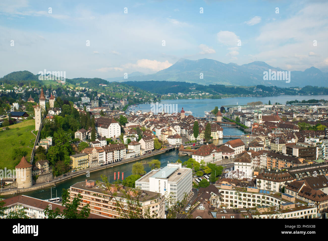 Aerial view of the old town, Lucerne city with lake Lucerne and Rigi mountain in background, Switzerland. Stock Photo