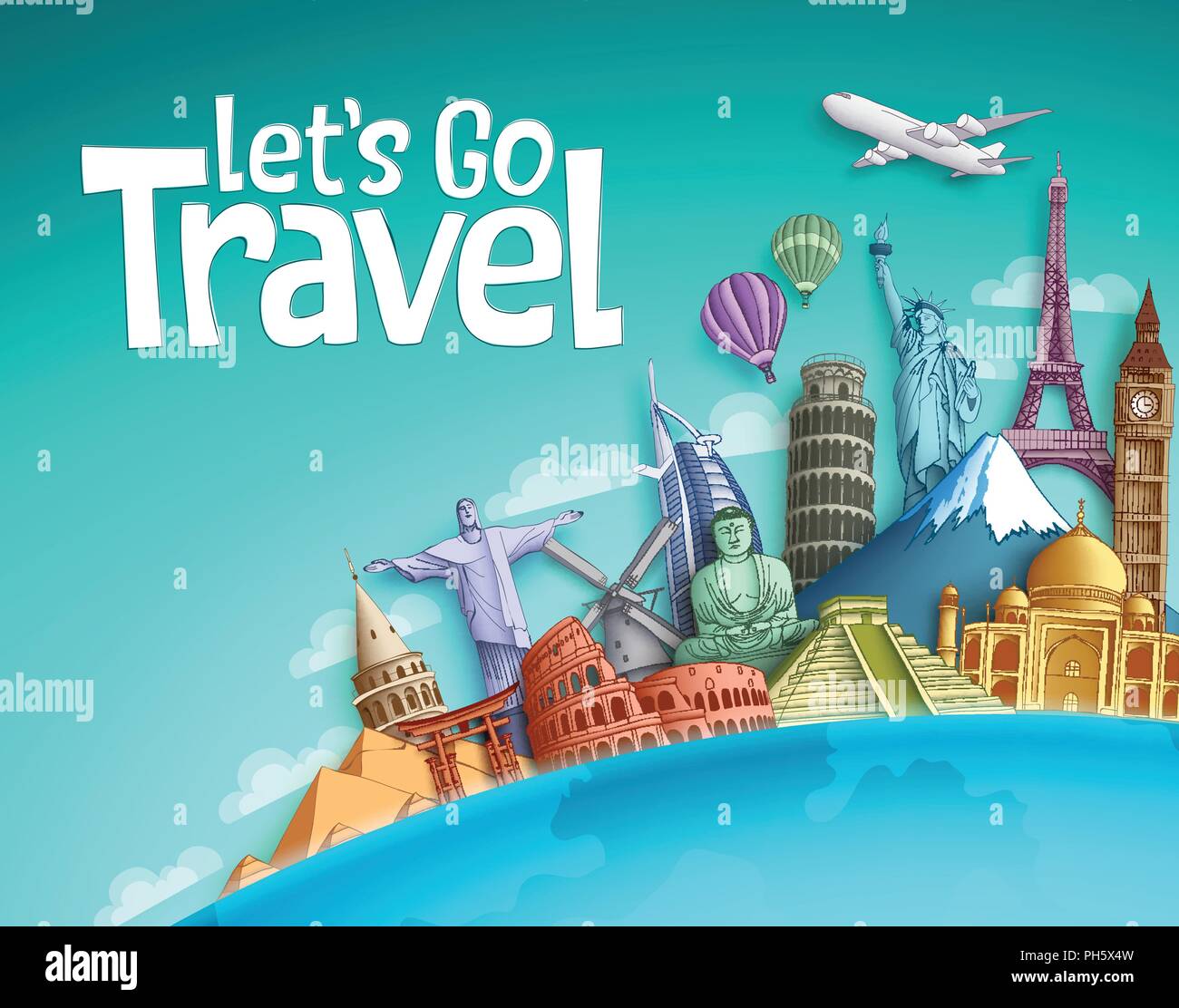 Let's go travel vector banner background design with world famous