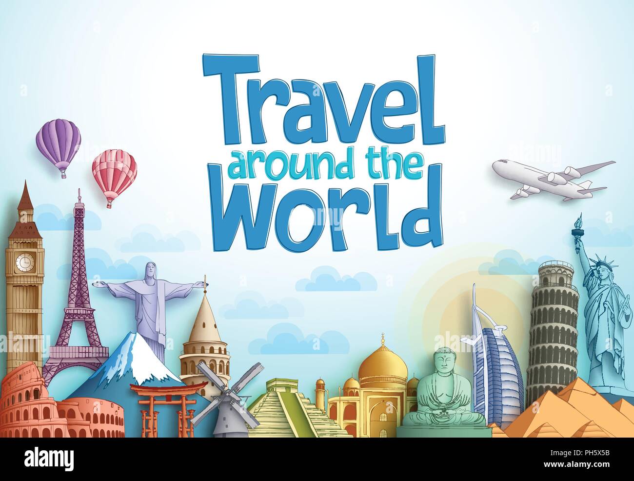 Travel around the world vector background design with famous landmarks ...