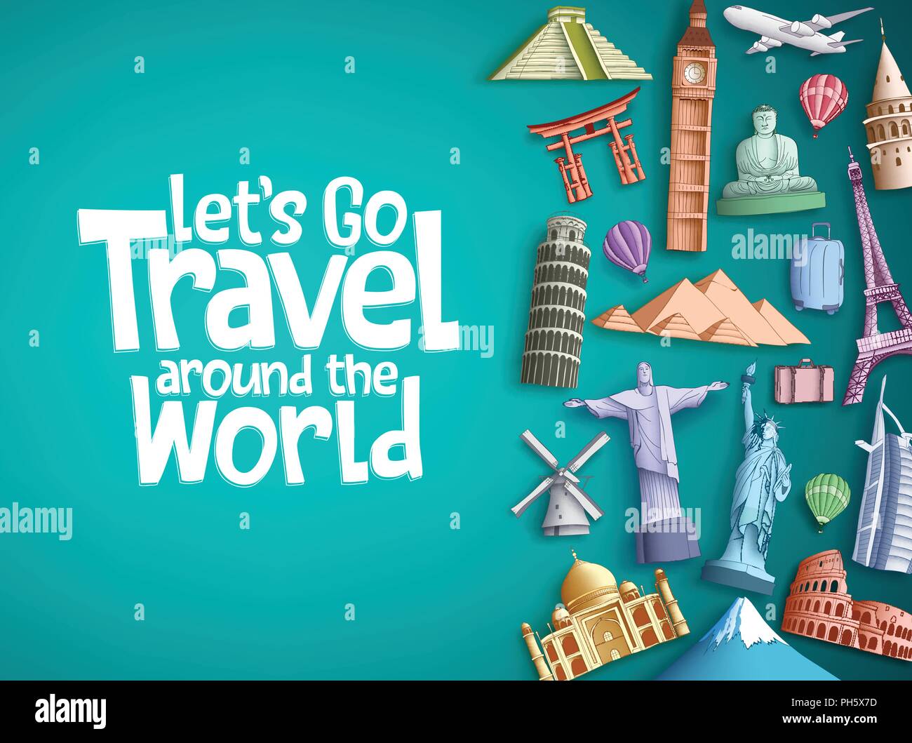 Travel around the world vector background design with famous tourism ...
