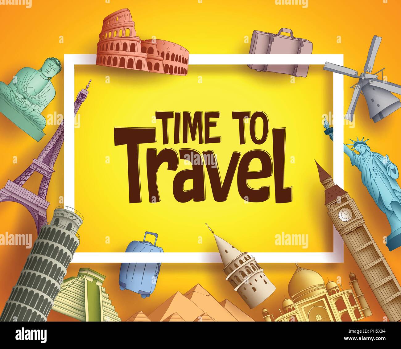 Time to travel vector banner design with famous world landmarks ...