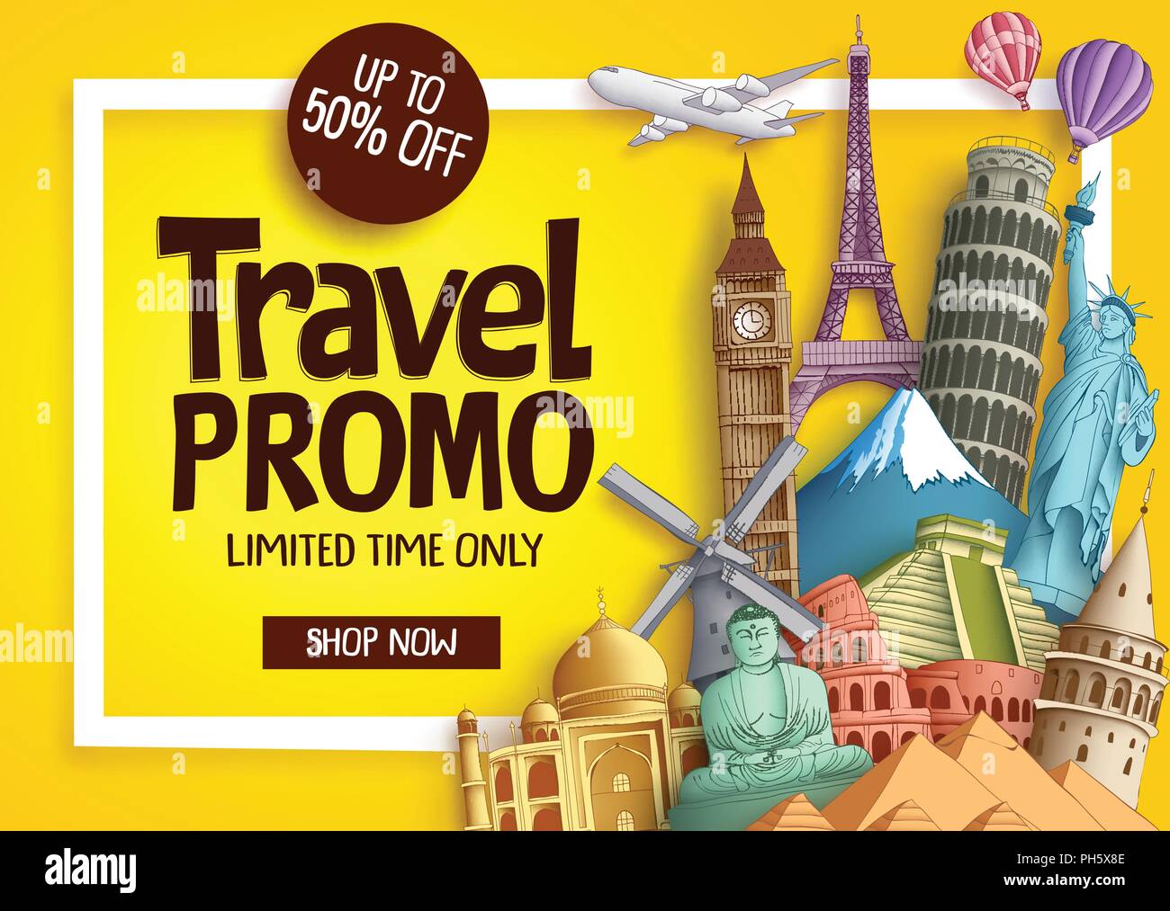 Travel promo vector banner template with discount text and famous