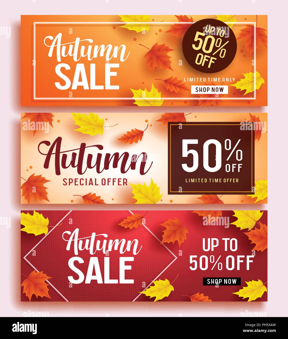 Autumn sale vector banner set template with colorful maple leaves