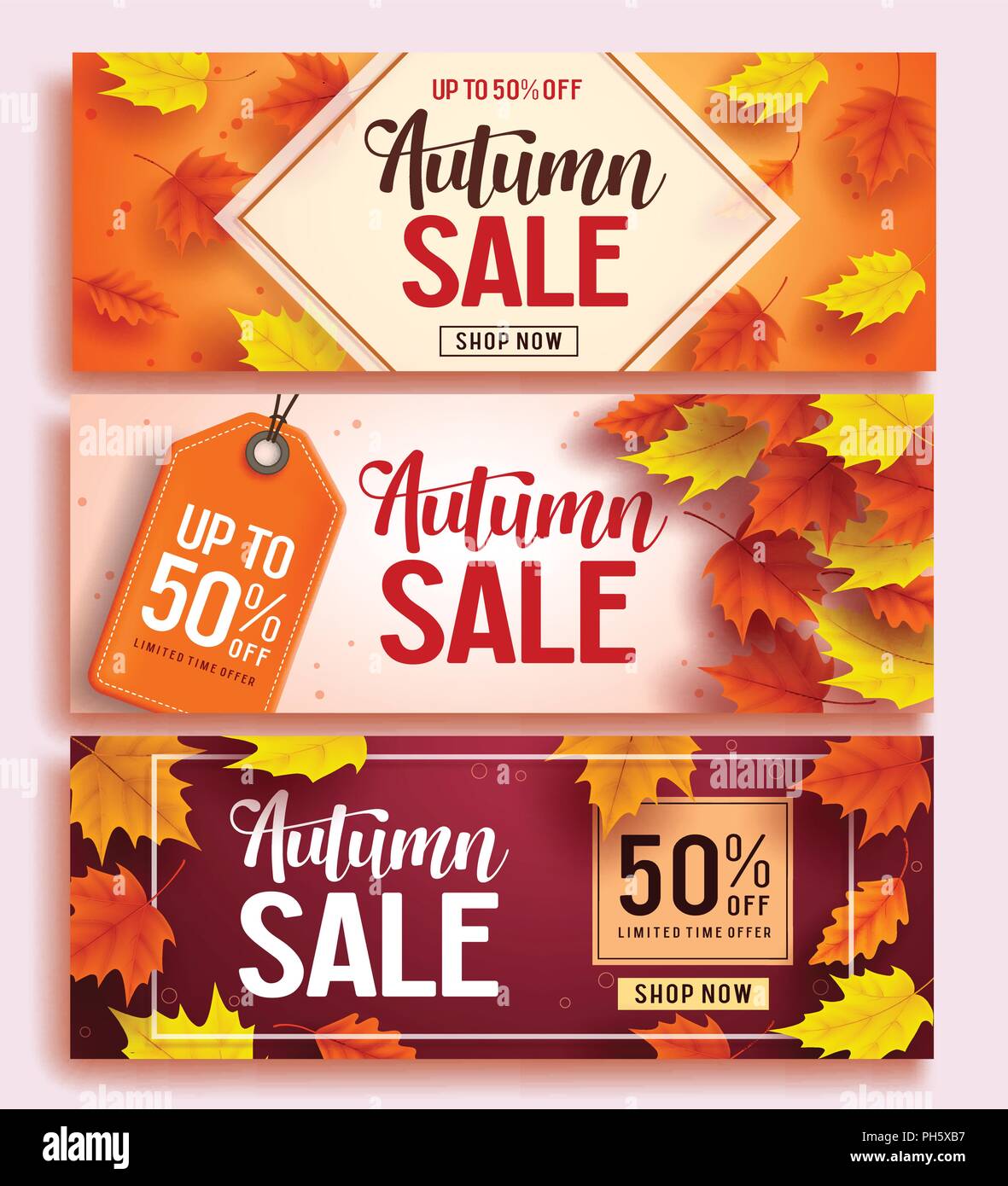 Autumn sale vector banner design set with colorful maple leaves