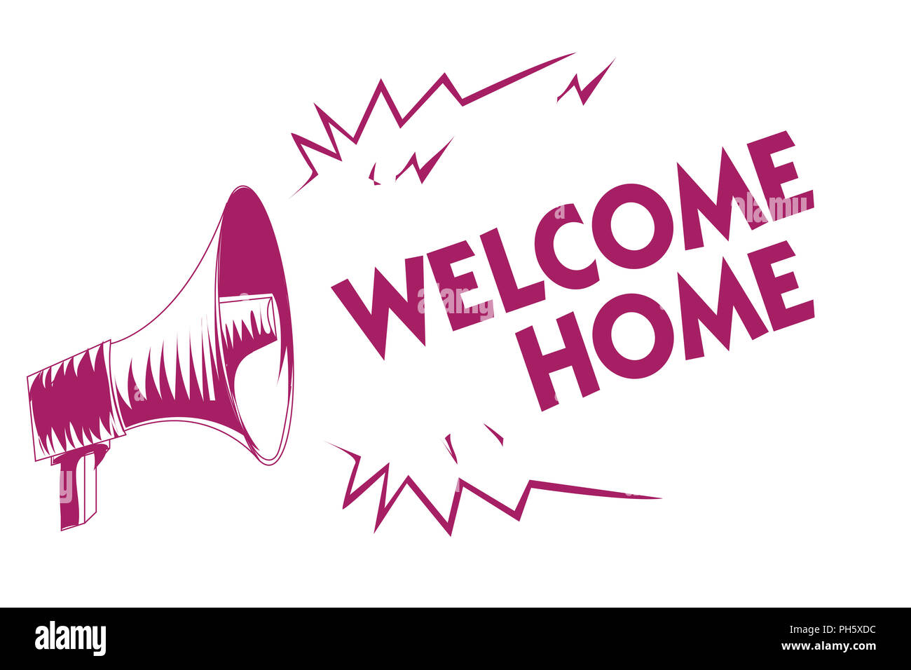 Conceptual hand writing showing Welcome Home. Business photo showcasing Expression Greetings New Owners Domicile Doormat Entry Purple megaphone import Stock Photo