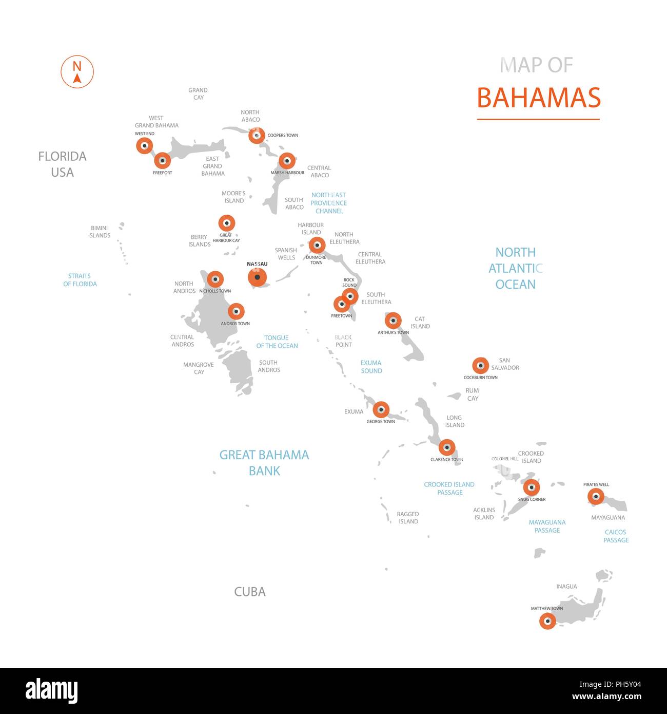 Stylized vector Bahamas map showing big cities, capital Nassau, administrative divisions. Stock Vector