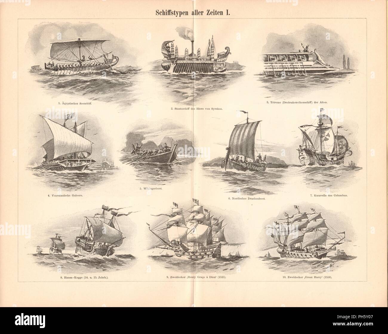 Antique Boat Illustration. Images contain a set of ships, originally illustrated for encyclopedias of the late 1800s. Stock Photo
