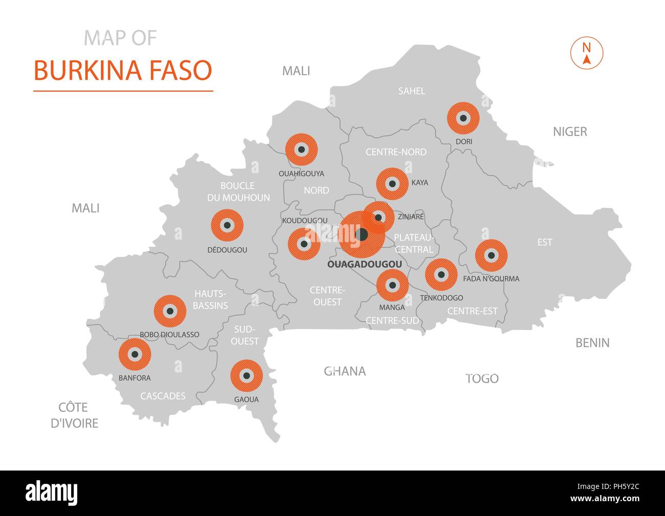 Stylized vector Burkina Faso map showing big cities, capital