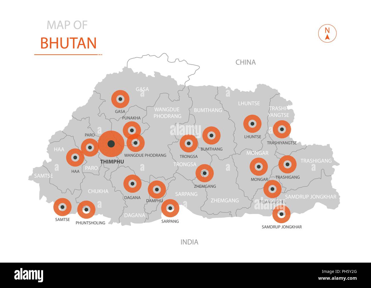 Stylized vector Bhutan map showing big cities, capital Thimphu
