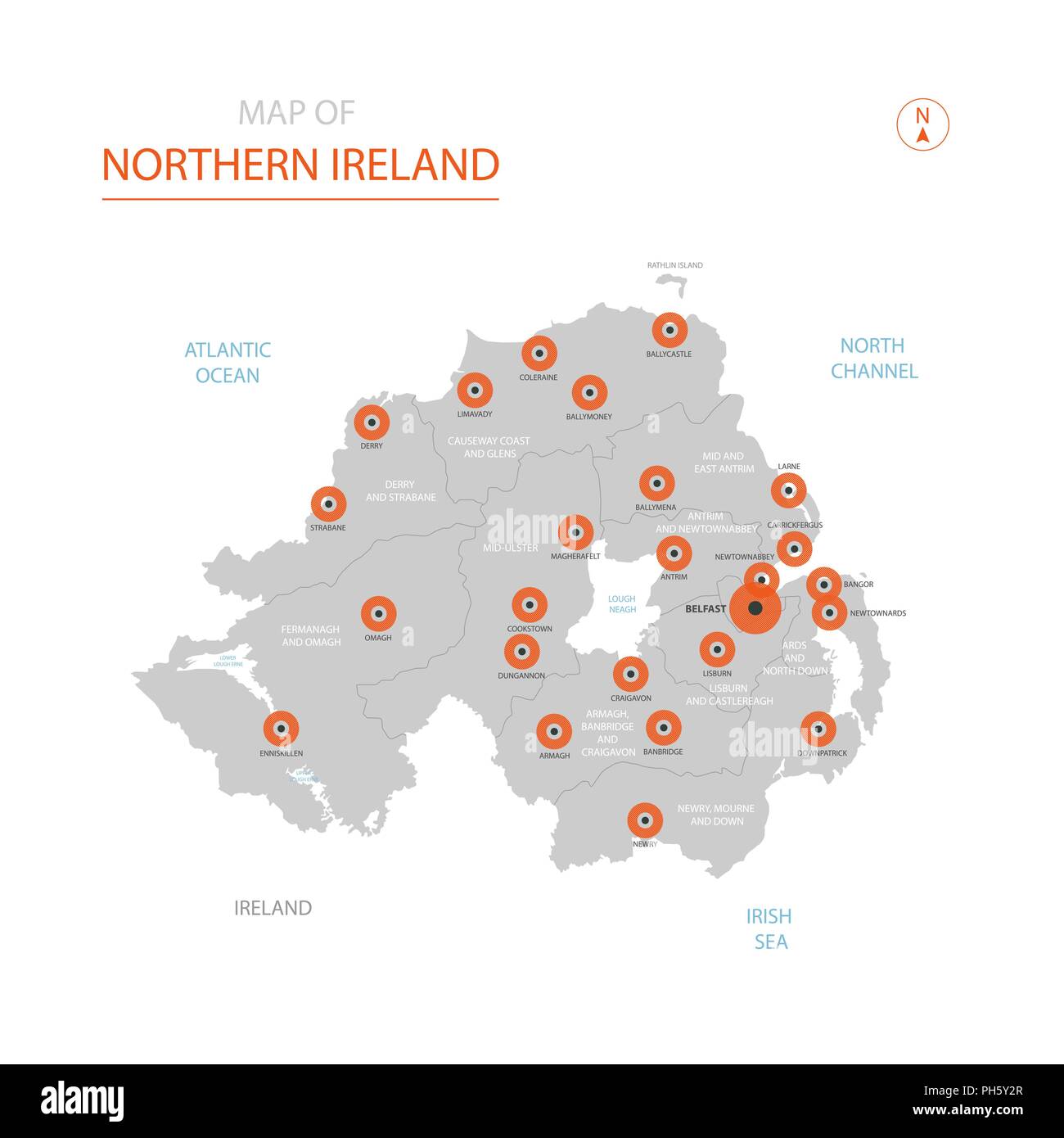 Stylized vector Northern Ireland map showing big cities, capital Belfast, administrative divisions. Stock Vector