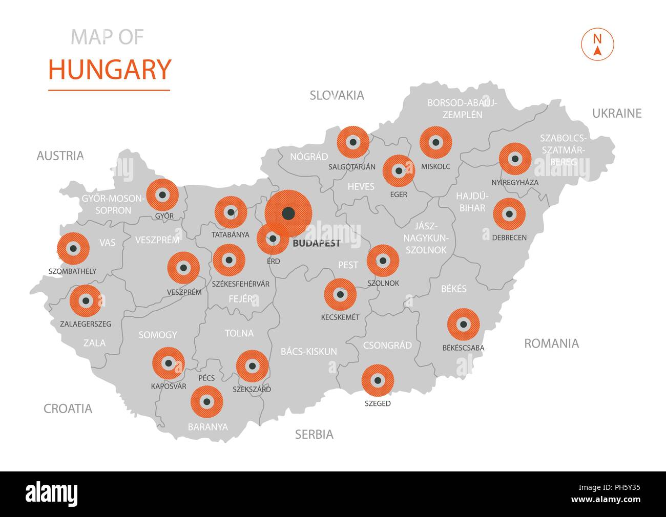 Stylized Vector Hungary Map Showing Big Cities Capital Budapest Stylized Vector Hungary Map Showing Big Cities Capital Budapest