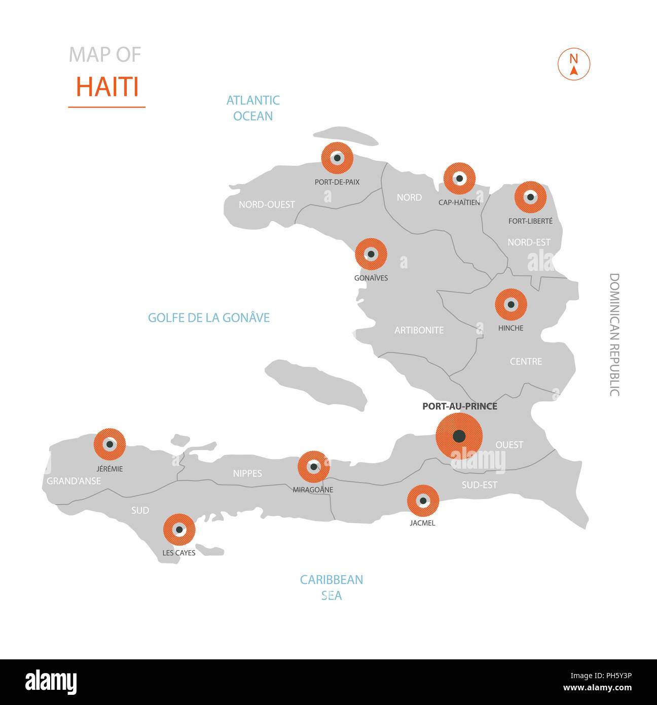Stylized vector Haiti map showing big cities, capital Port-au-Prince, administrative divisions and country borders. Stock Vector