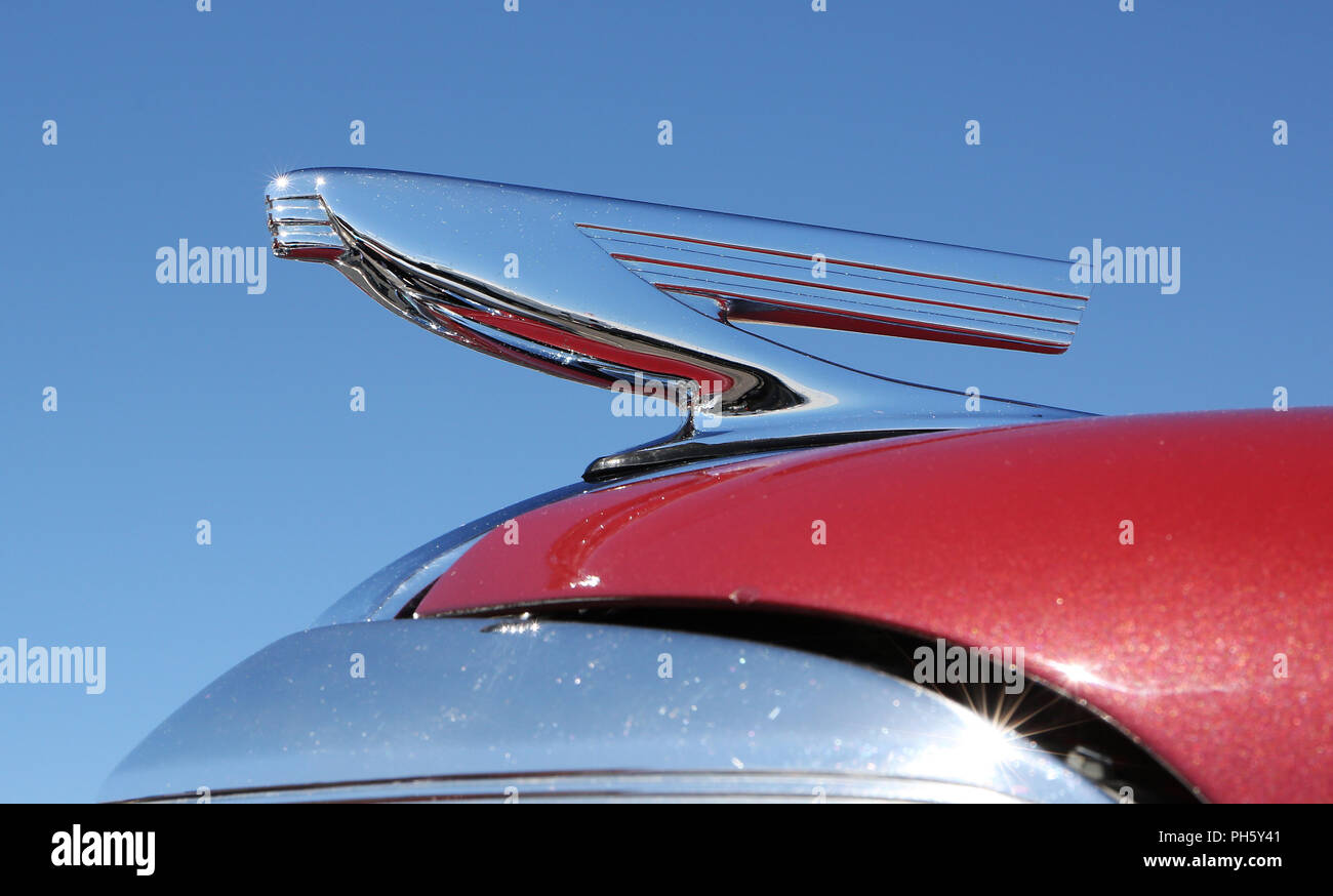 CONCORD, NC - April 8, 2017:  A 1937 Chevy hood ornament on display at the Pennzoil AutoFair classic car show held at Charlotte Motor Speedway. Stock Photo