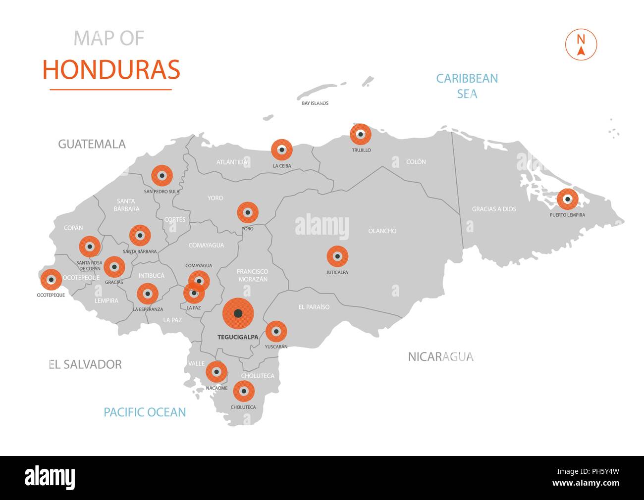 Stylized vector Honduras map showing big cities, capital Tegucigalpa, administrative divisions and country borders Stock Vector