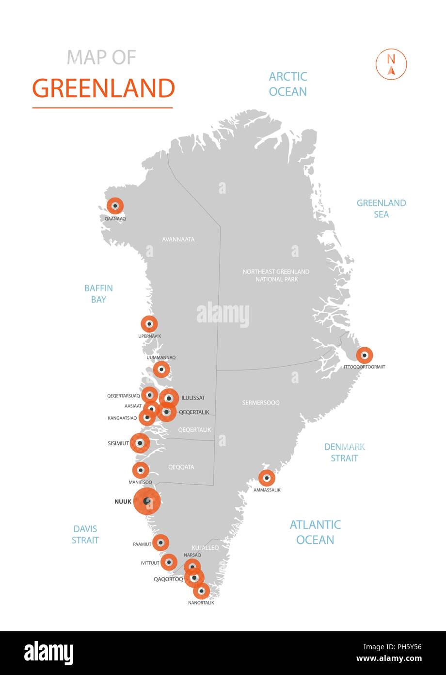 Stylized vector Greenland map showing big cities, capital Nuuk