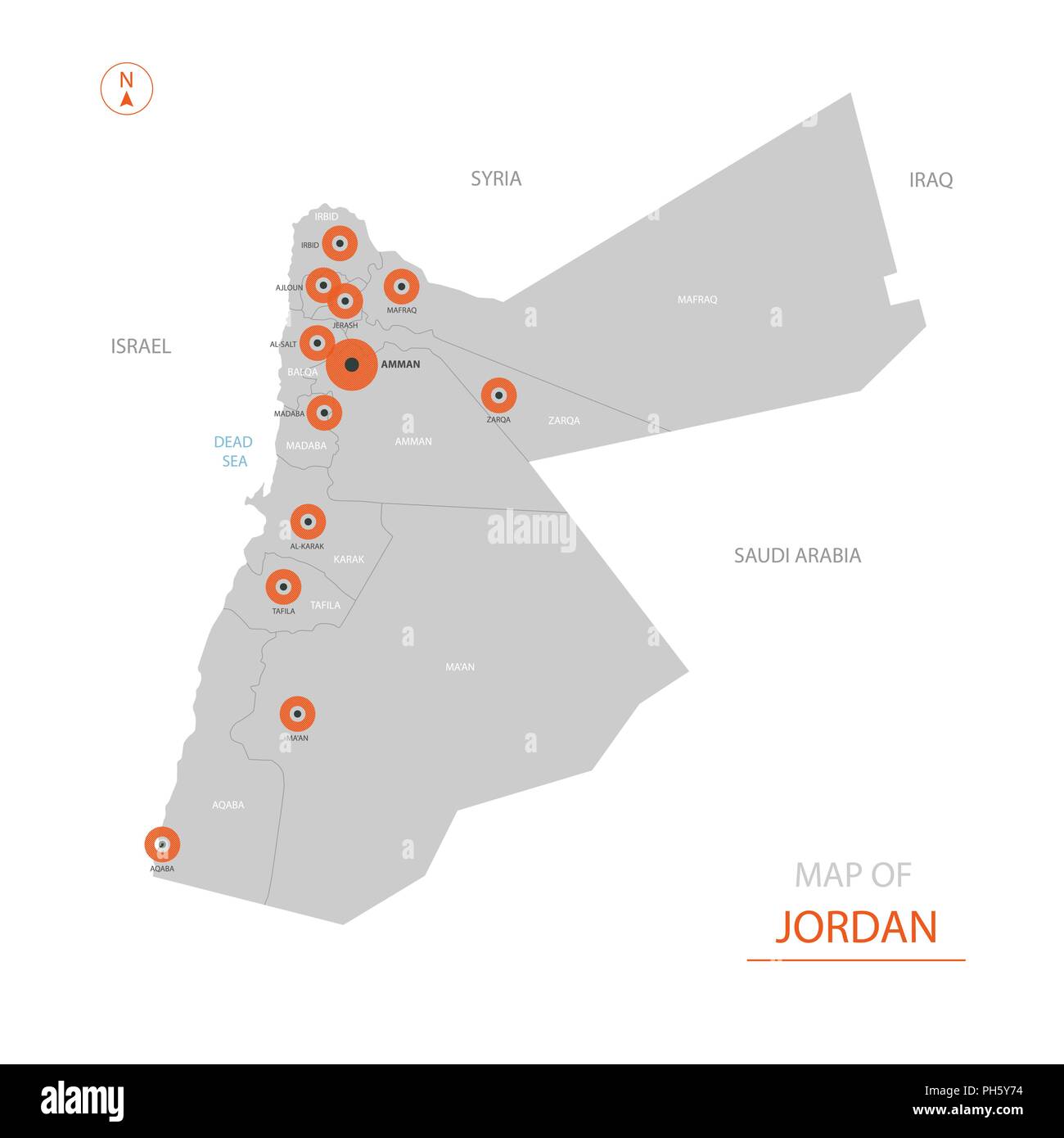 Stylized vector Jordan map showing big cities, capital Amman,  administrative divisions Stock Vector Image & Art - Alamy