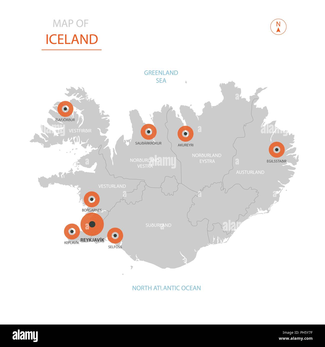 Stylized vector Iceland map showing - Stylized Vector Iceland Map Showing Big Cities Capital Reykjavik Administrative Divisions PH5Y7F