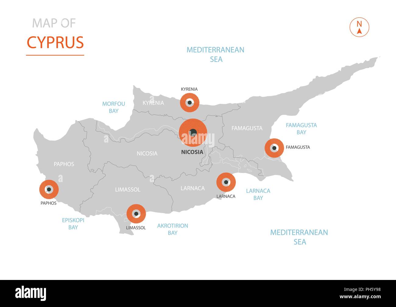 Stylized vector Cyprus map showing big cities, capital Nicosia, administrative divisions Stock