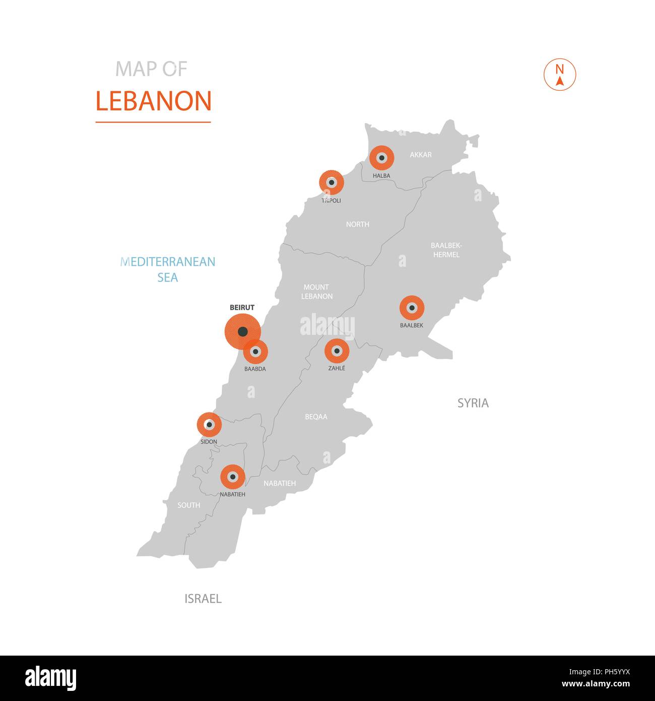 Stylized vector Lebanon map showing big cities, capital Beirut, administrative divisions Stock