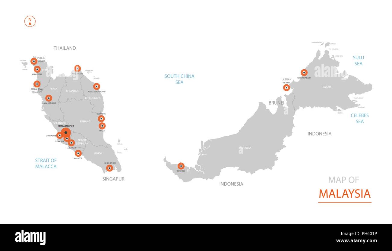 Stylized vector Malaysia map showing big cities, capital Kuala Lumpur, administrative divisions. Stock Vector